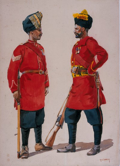 Soldaten van de 5e lichte infanterie, Musalman Rajput en de 6e Jat lichte infanterie, Jat Havildars, illustratie voor 